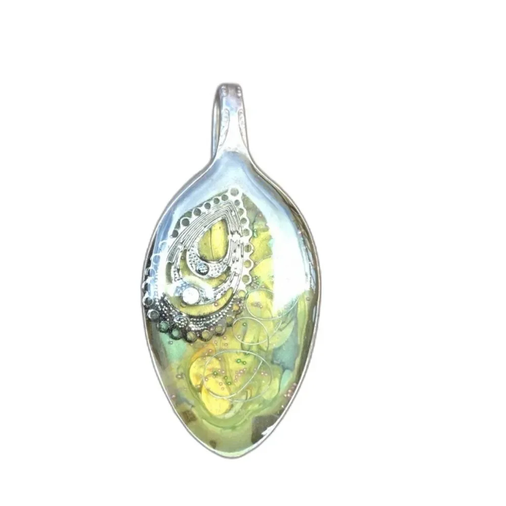 Vintage Handmade Silver Bent Spoon Resin Pendant 2.75